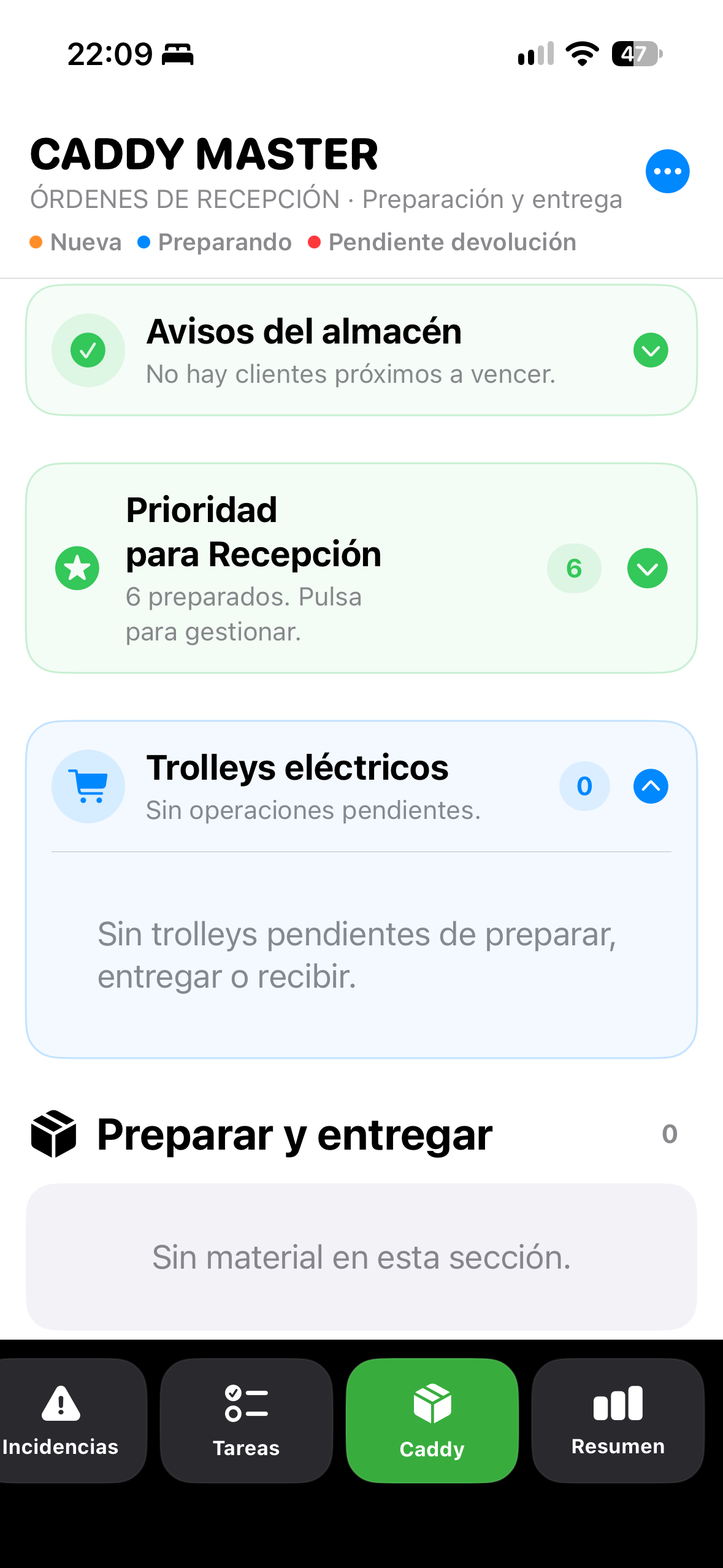 Caddy Master organiza prioridades y trolleys eléctricos.