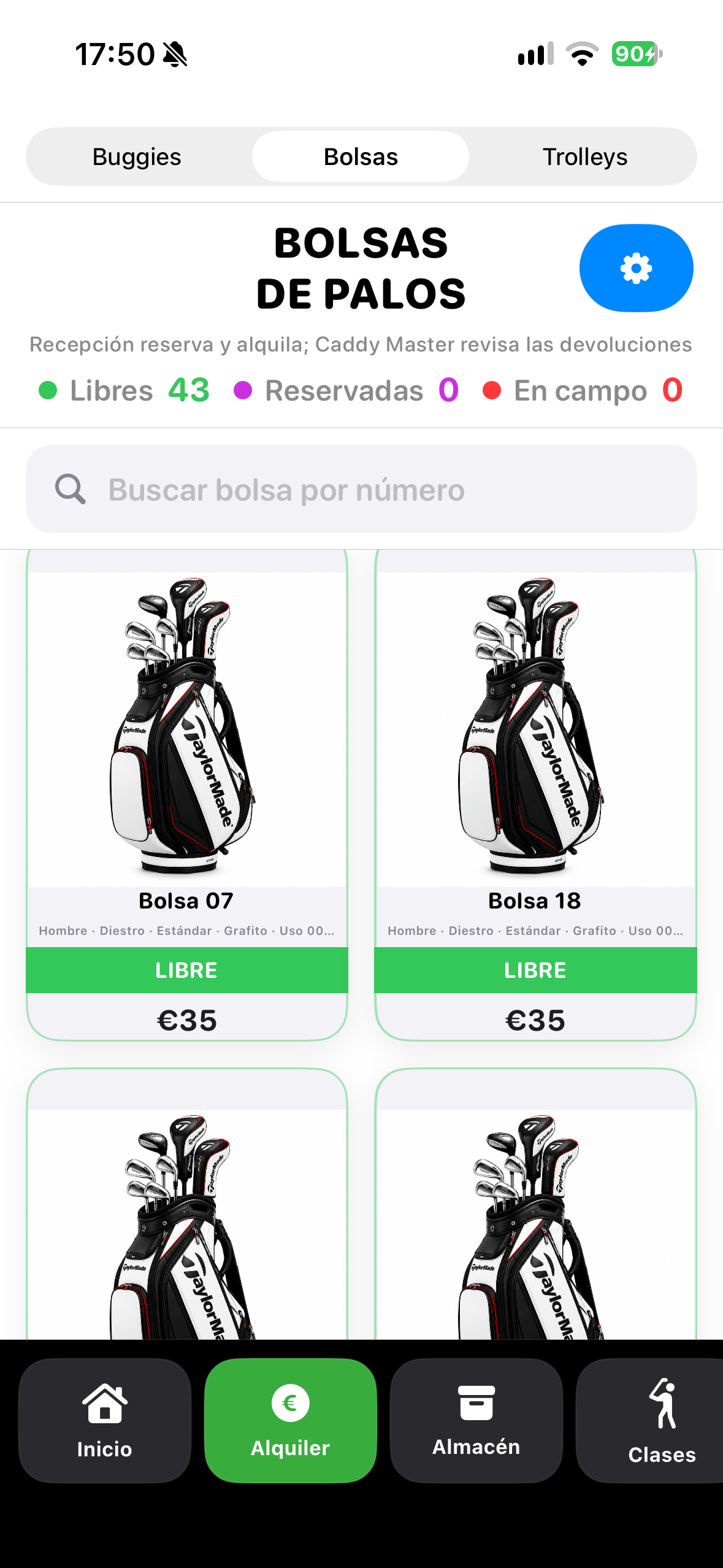 Inventario de bolsas de palos por número.